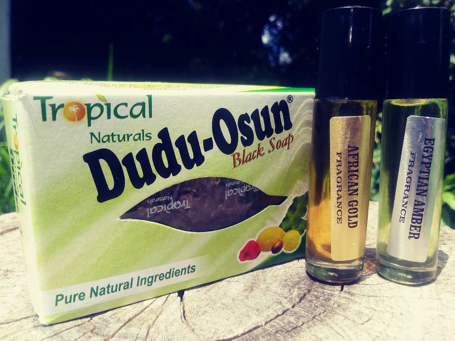Tropical Naturals Dudu-Osun Black Soap, African Gold Body Oil, Egyptian Amber Body Oil